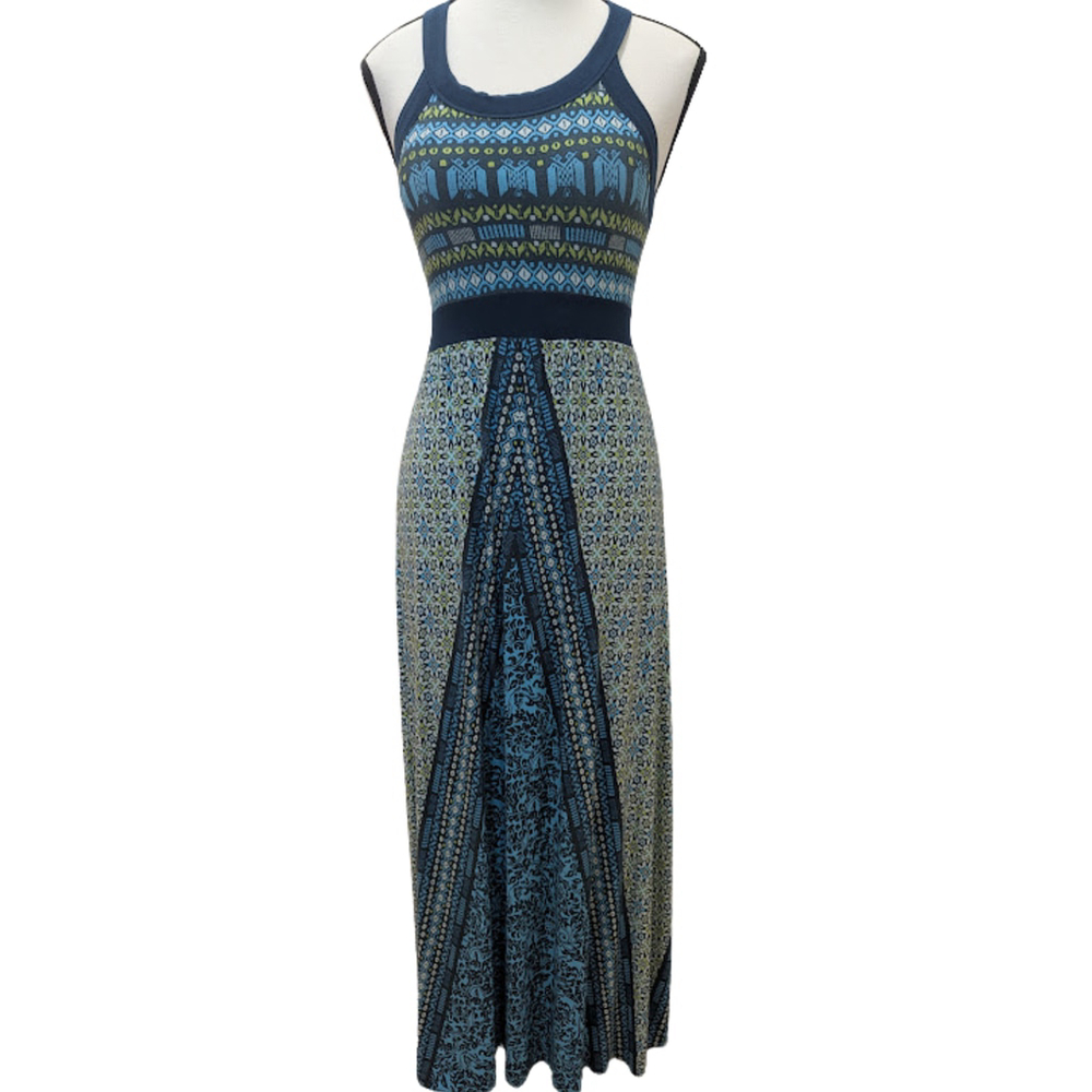Athleta Boho Athleisure Racerback Maxi Dress XS Shelf Bra Blue Multi Geo Print